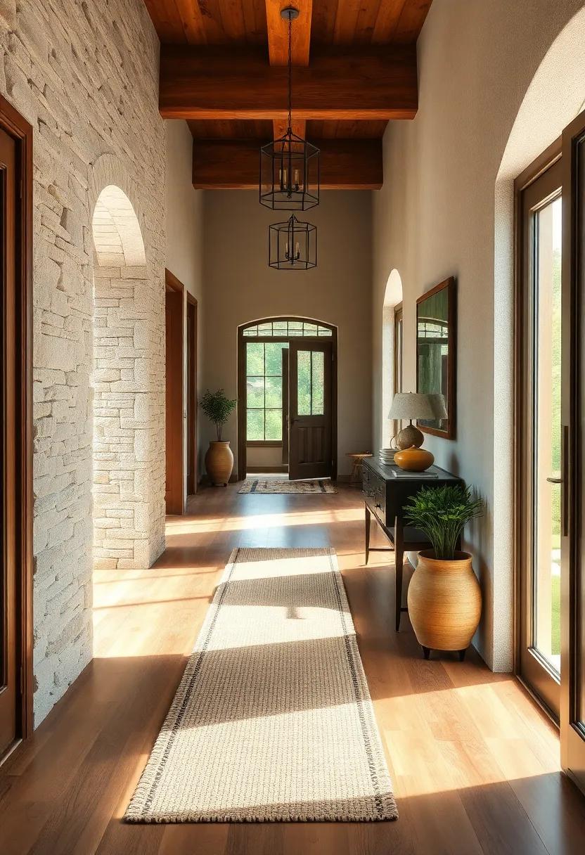 Explore the interplay of textures in a rustic hallway, where a woven runner contrasts with polished hardwood floors, creating a beautiful flow throughout the home
