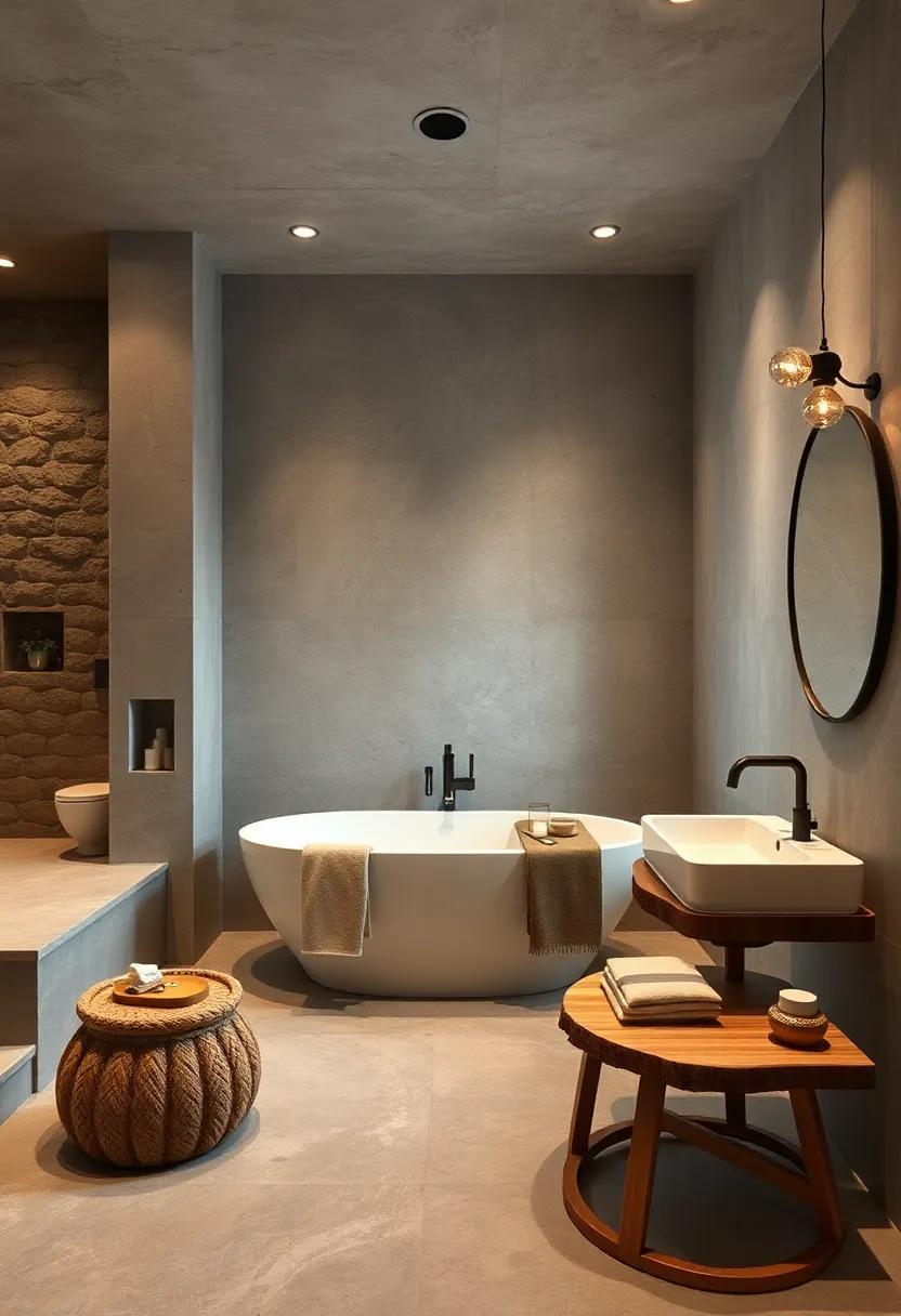 Indulge in a spa-like bathroom that combines natural materials and contemporary design, featuring a freestanding soaking tub nestled beside wooden accents for a touch of luxury