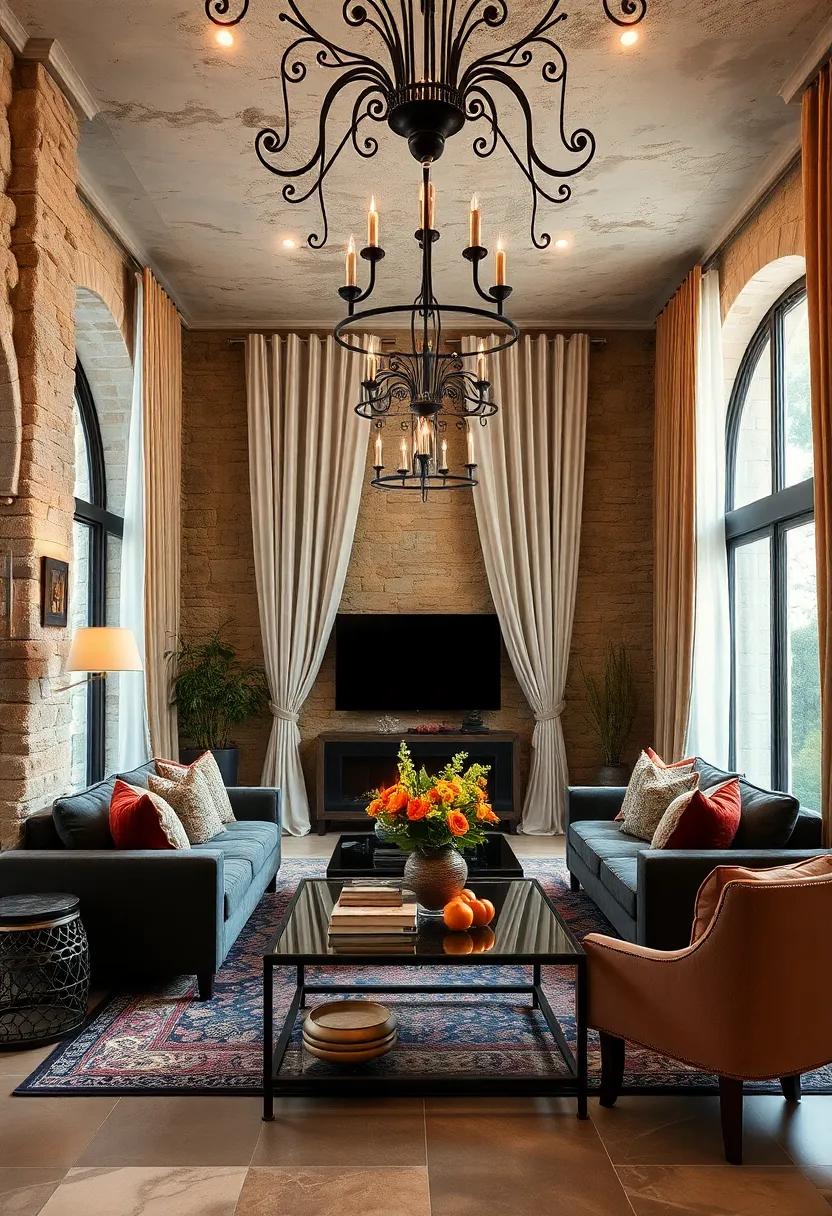 Marvel at the intricate details of wrought iron accents paired with soft drapery in a living space, creating an enchanting atmosphere that beautifully unites elegance and rustic appeal