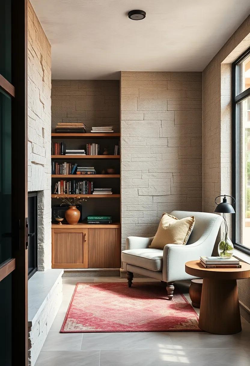 Revel in a cozy reading nook, complete with built-in shelving and a sumptuous armchair, creating a perfect escape that embodies rustic elegance and relaxation