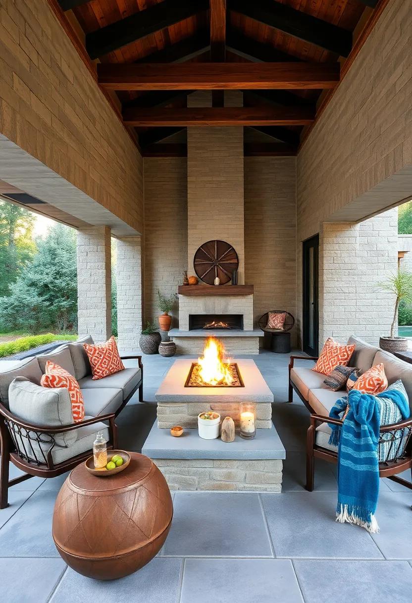 Revel in the cozy yet sophisticated aesthetic of an outdoor fire pit surrounded by rustic seating, allowing for intimate gatherings while framed by natural beauty