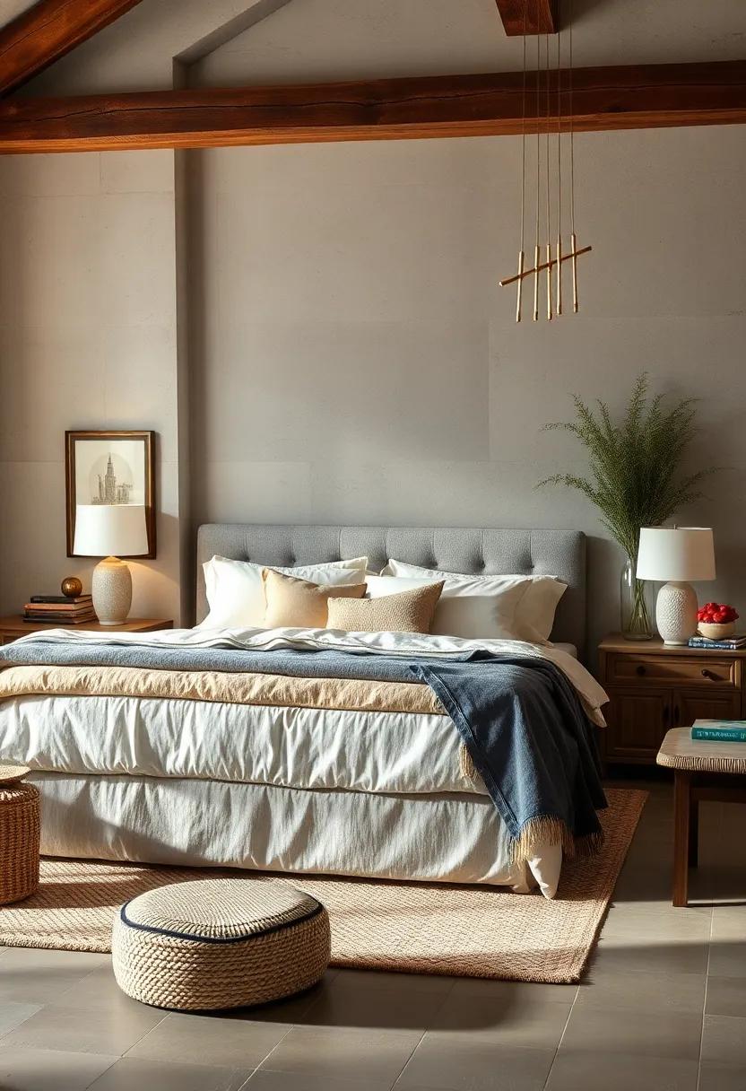 Step into a tranquil bedroom retreat where soft linens and plush pillows are layered on a vintage-inspired bed frame, merging comfort with a refined sense of style