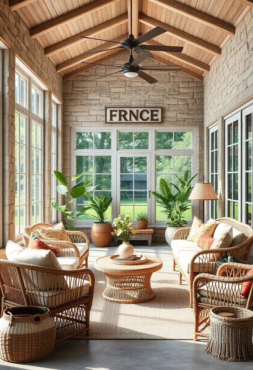 step into a charming sunroom filled with rattan furniture and natural textiles, blending the line between indoors and outdoors for a breezy, luxurious atmosphere