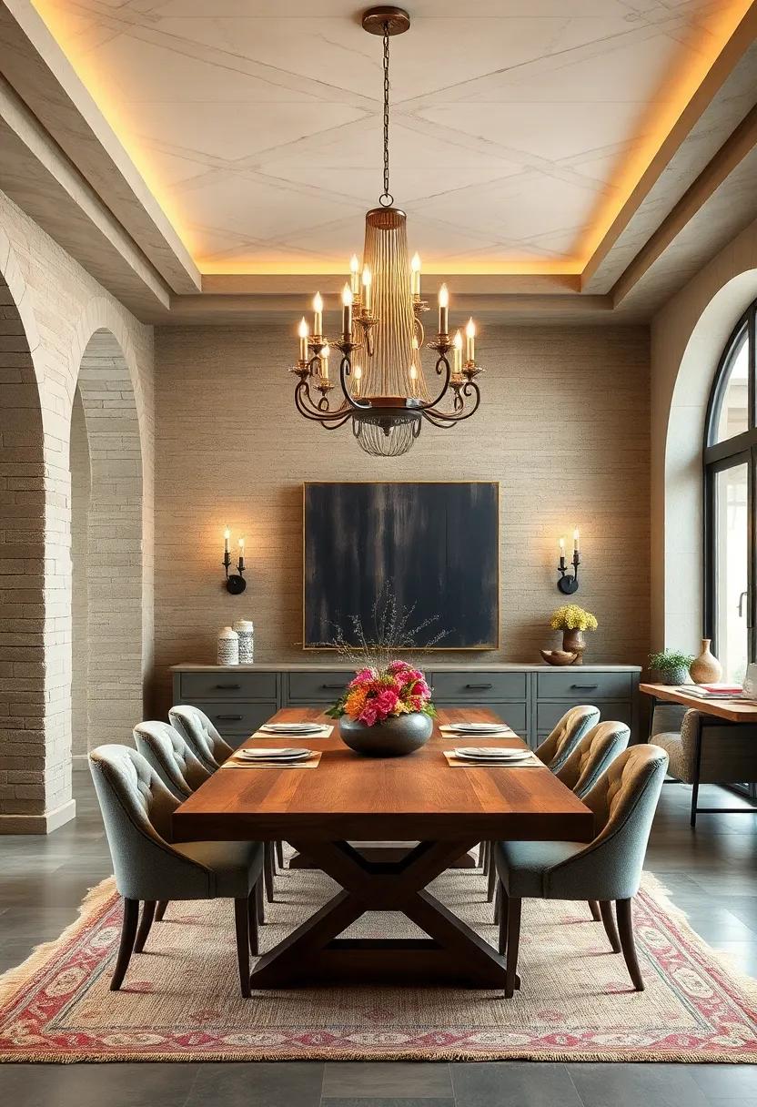 Uncover the timeless elegance of a dining room with a statement chandelier hanging above a farmhouse table, creating a captivating centerpiece for any feast