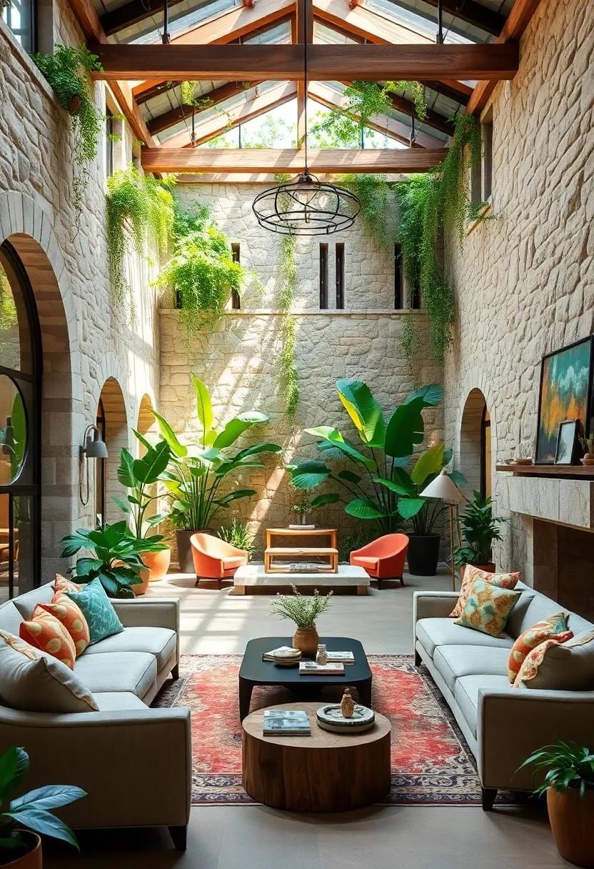 Witness the beauty of a sun-drenched atrium filled with lush greenery and natural stone, bringing the outdoors in while maintaining a chic, sophisticated ambiance