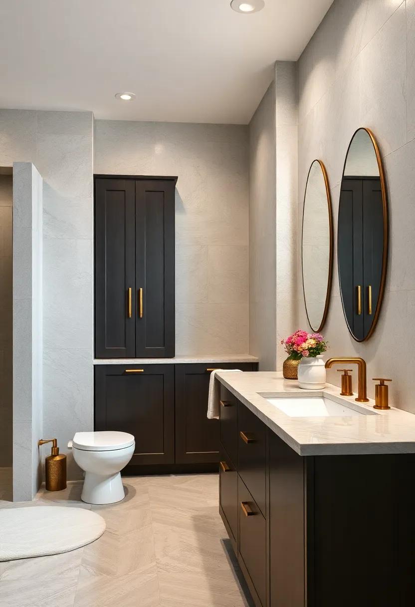 Experience ⁤luxury in ‌a⁣ spa-inspired⁢ bathroom ⁢featuring dark cabinetry with gold hardware, setting ⁢a rich and‌ indulgent​ tone