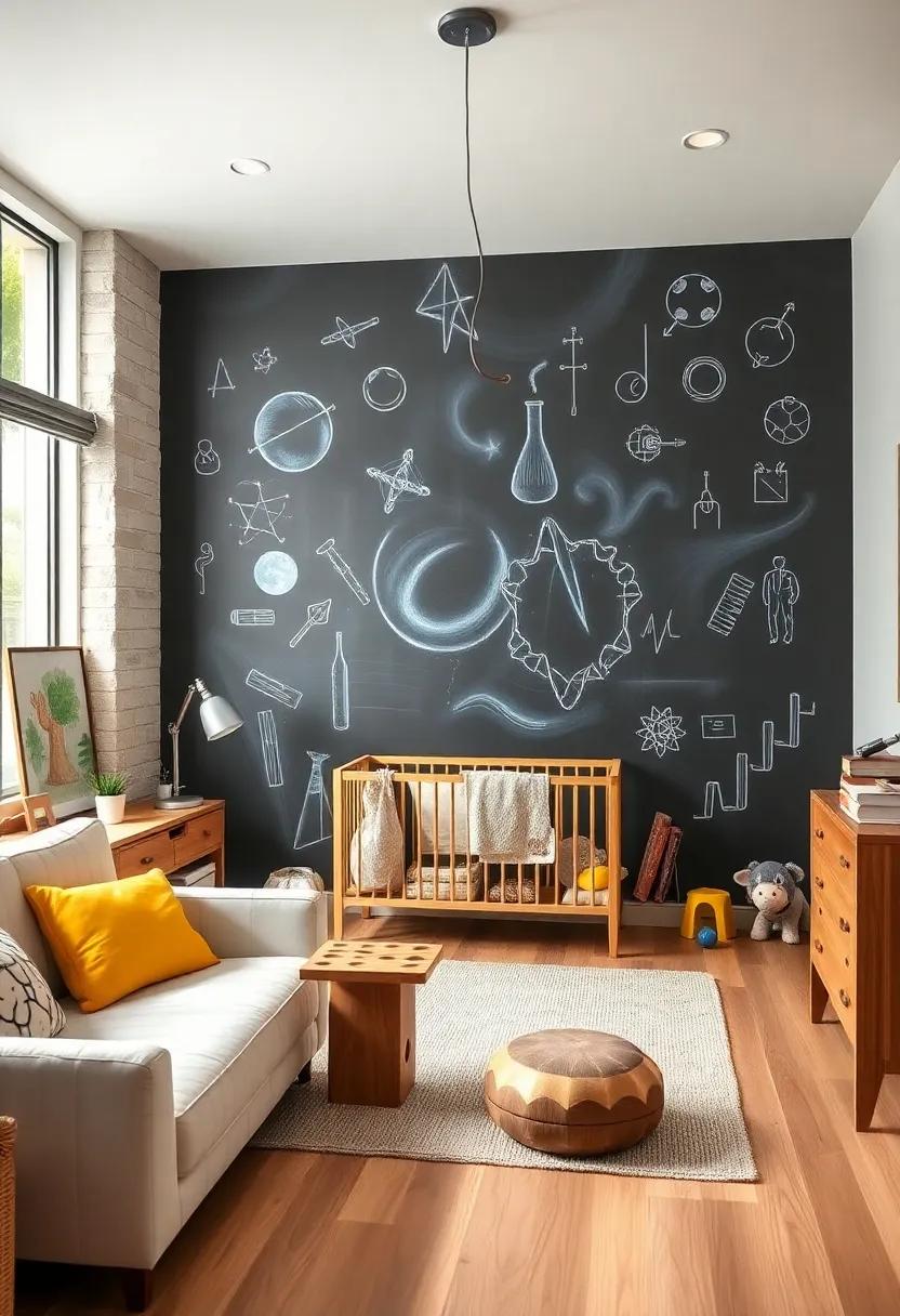 Chalkboard Wall: Paint one wall with chalkboard paint for drawing, writing, and expressing scientific ideas and theories as they grow
