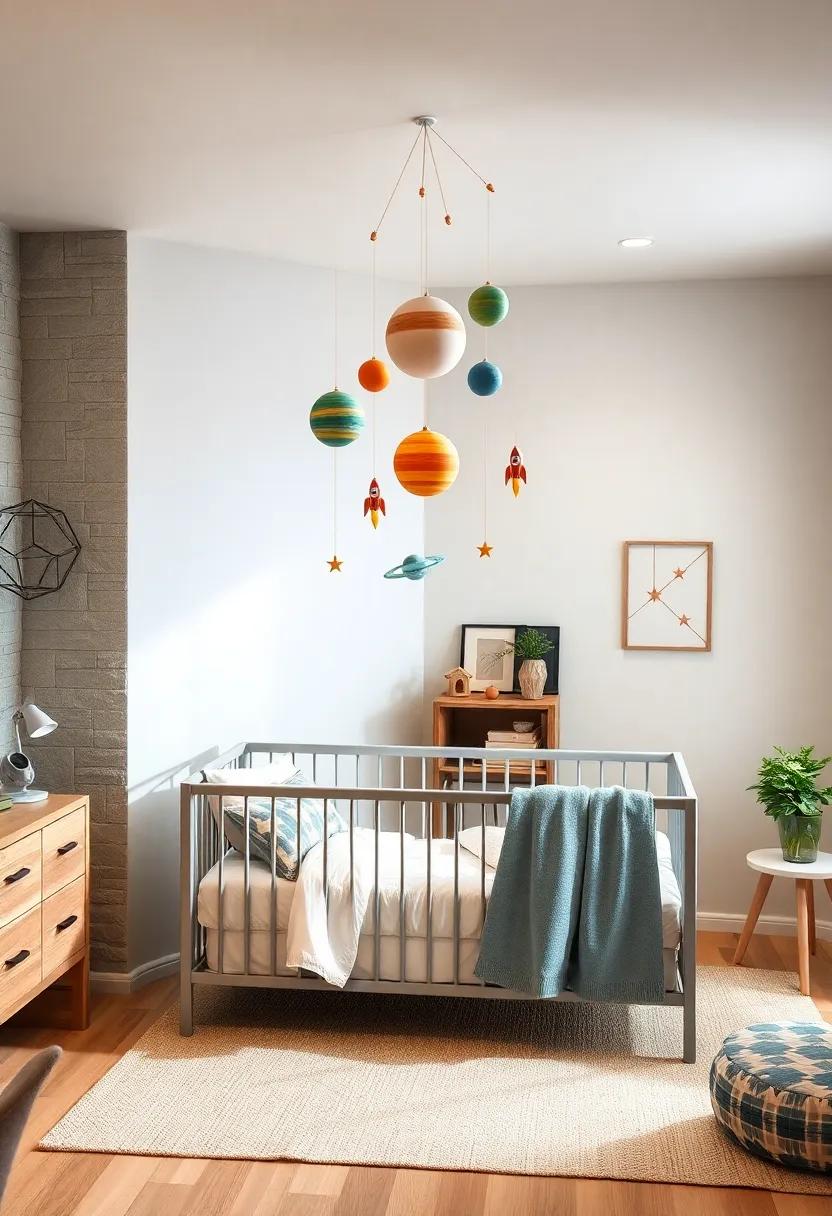 Planet mobile: Create a whimsical mobile featuring planets, stars, and rockets to encourage your little astronaut's imagination