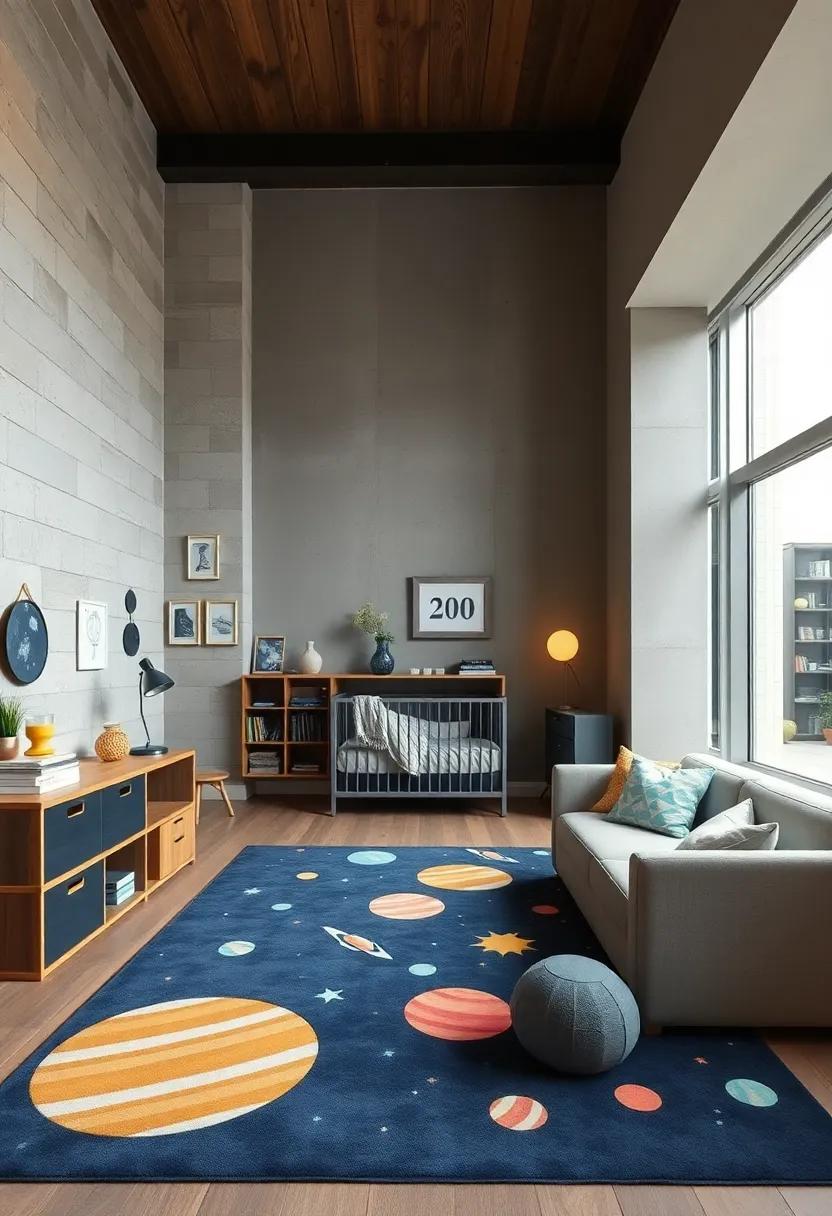 space-Themed Carpet: Choose a playful carpet depicting planets or outer space scenes for a cozy and stimulating play area