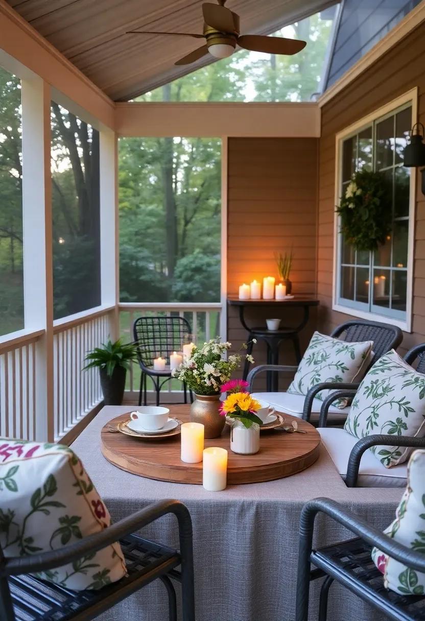Curate a Cozy Atmosphere with Candles: Scented or unscented candles around the porch can offer a warm glow and an inviting scent that enhances the tea experience