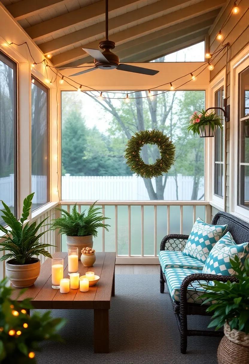 Hang Decorative String Lights: Add some twinkling strings of lights for magical illumination that sets a cozy mood as the day transitions to evening