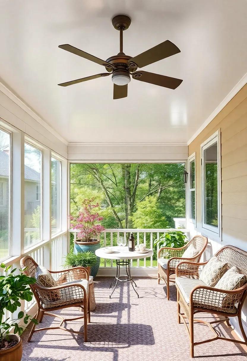 Install a Ceiling Fan: Staying cool on a hot afternoon is crucial; a stylish ceiling fan can keep the air circulating without ruining the ambiance