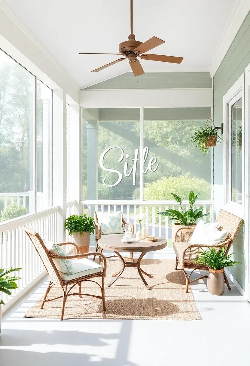 start with a soft Color Palette: Choose soothing hues like soft greens, pale blues, and creamy whites to create a calming atmosphere for your screened porch