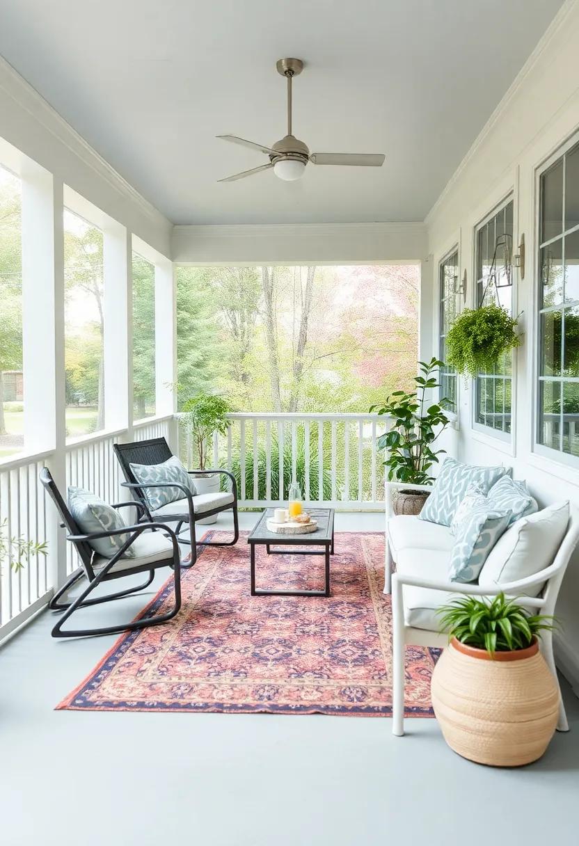 Use a Cozy Rug: A durable outdoor rug can define the space and provide a soft surface for your feet, making the porch feel more like an intimate room