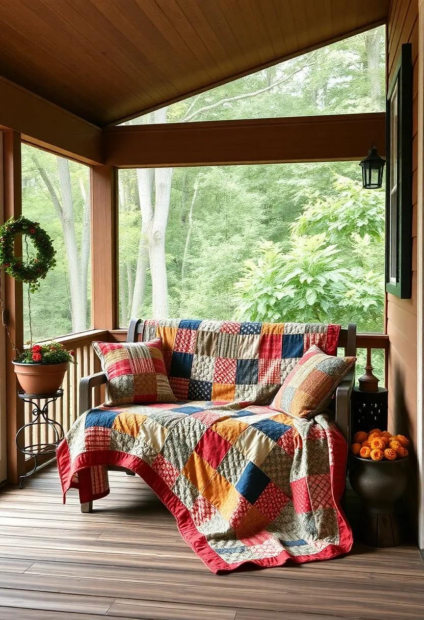 A patchwork⁢ quilt draped⁢ over a simple bench for warmth and color