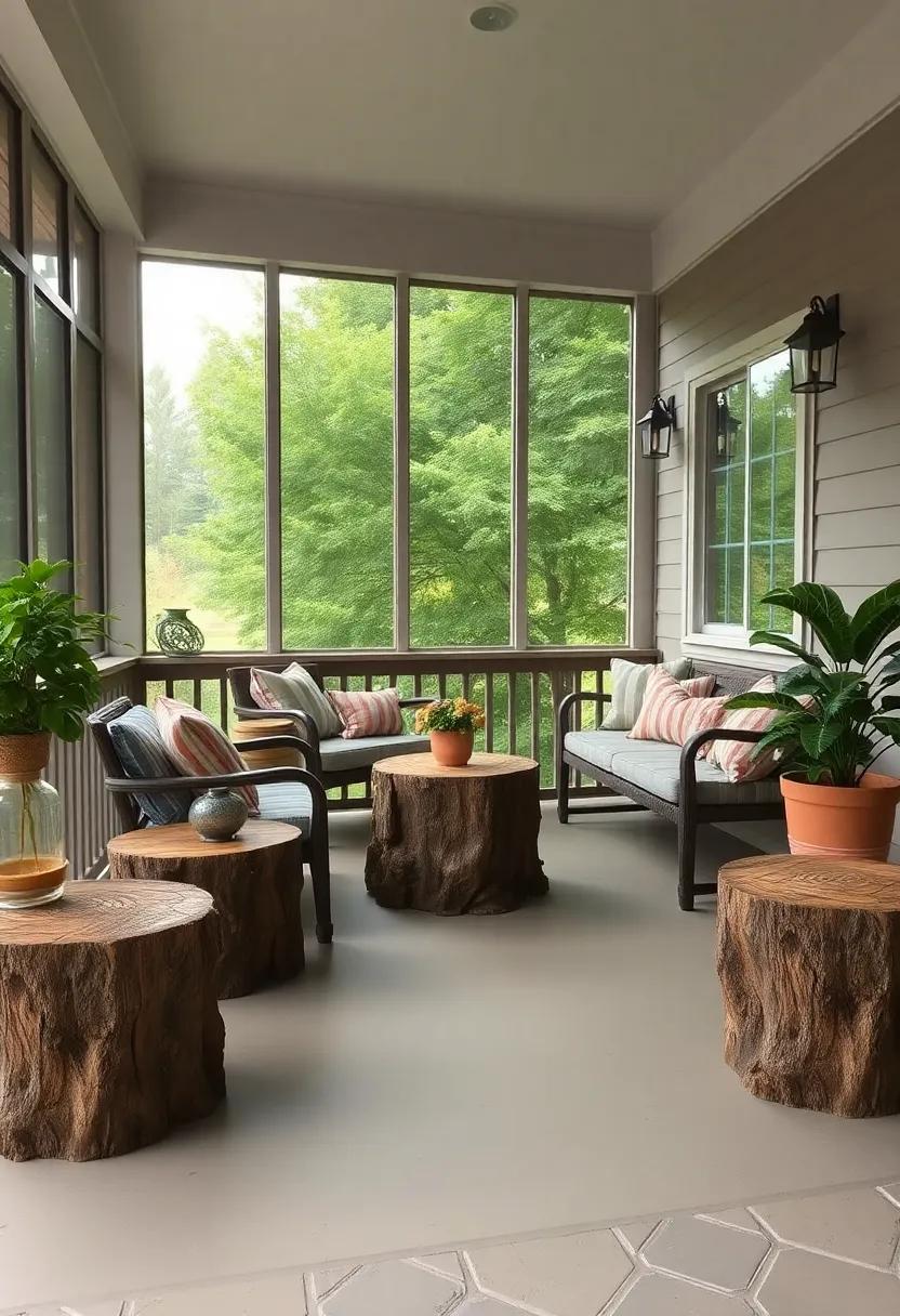 Use tree stumps as rustic seating options for a natural element