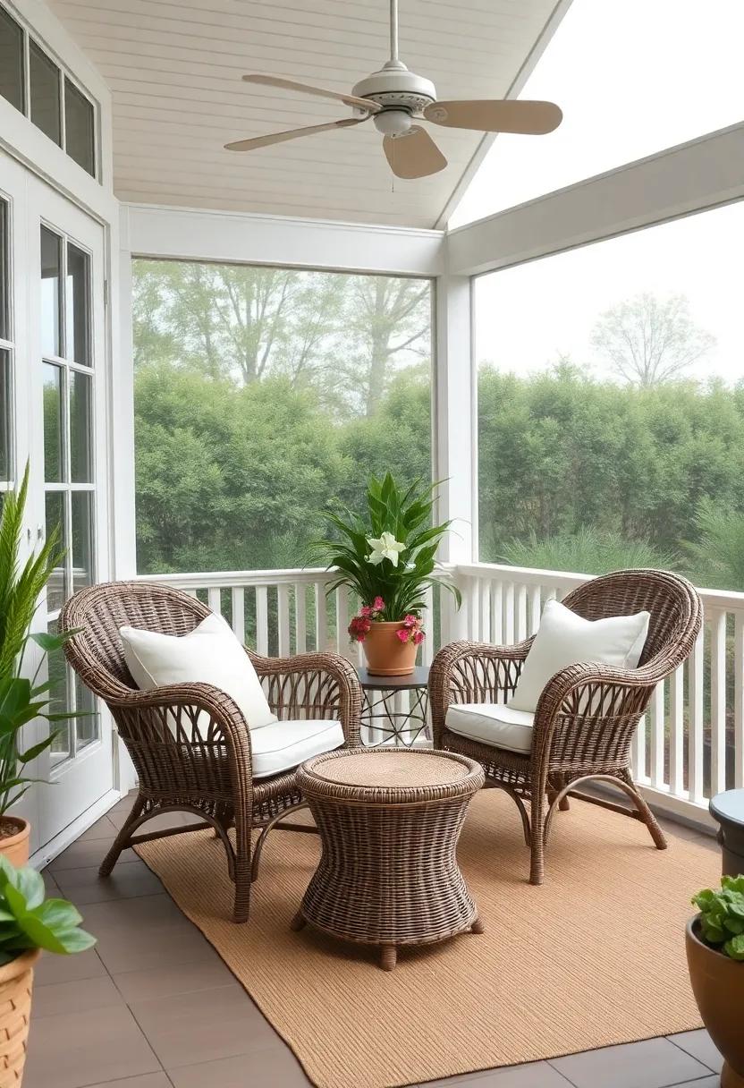 Vintage wicker chairs paired with soft cushions for a nostalgic charm