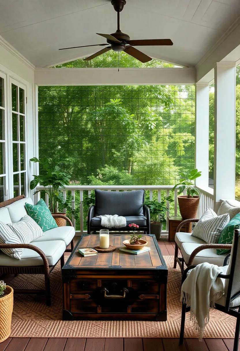 A vintage trunk as a makeshift coffee table with​ seating around it