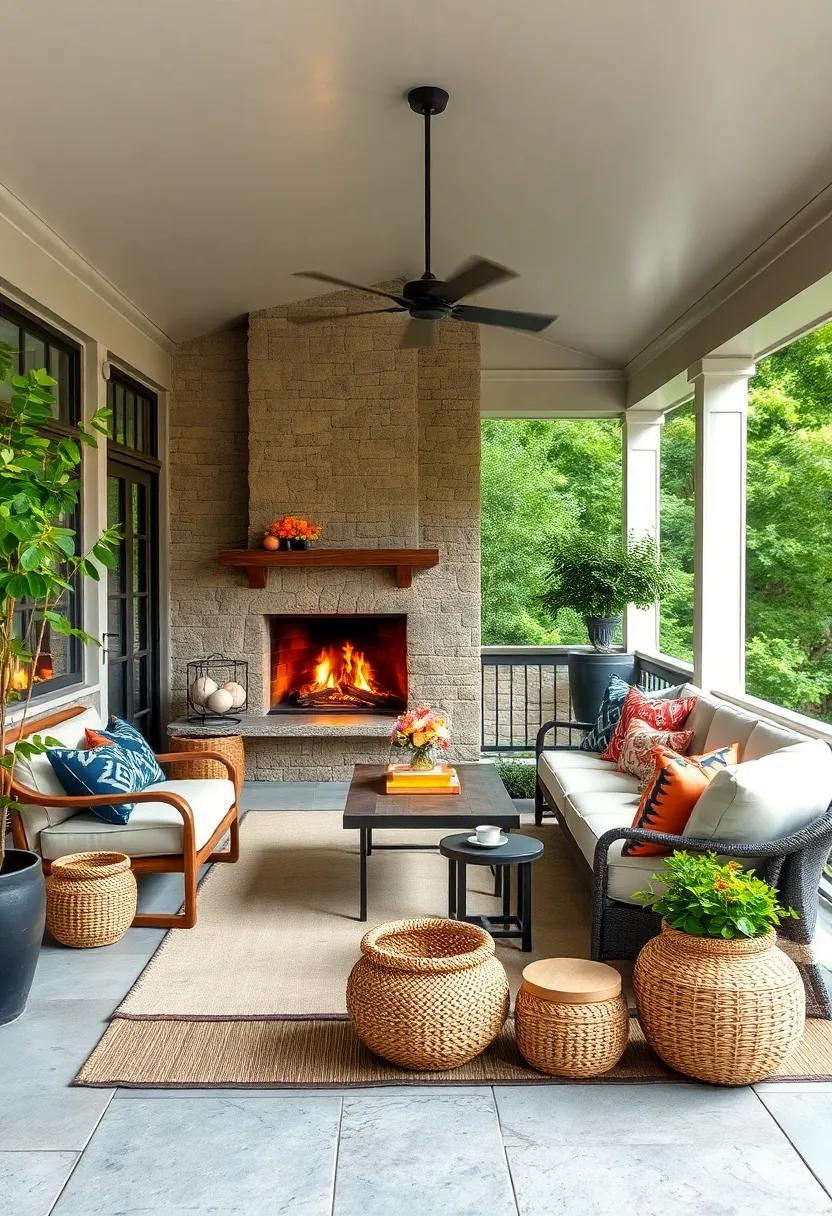 Layer textures with an outdoor rug, woven baskets, and various cushions to create warmth and comfort underfoot