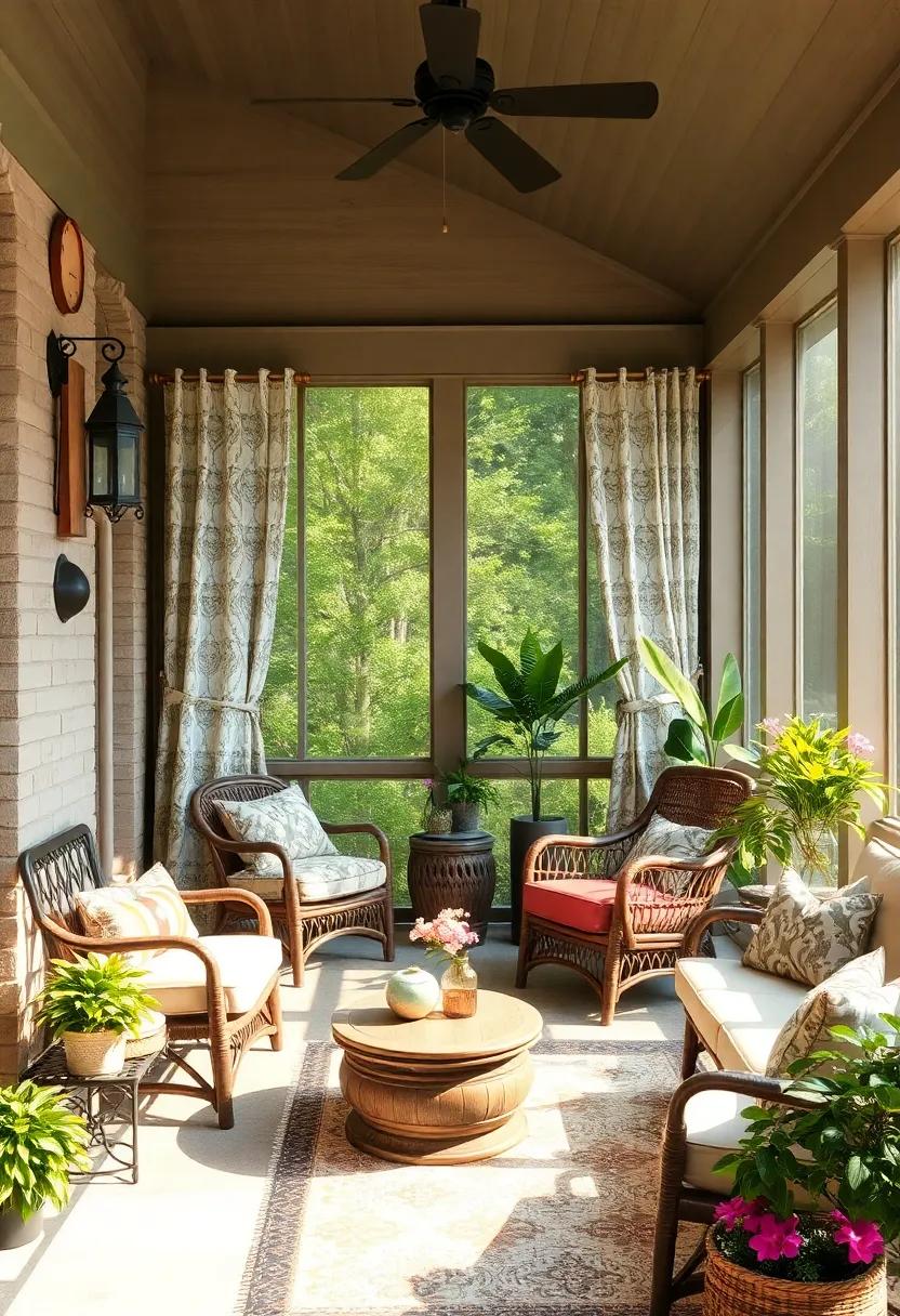 Paisley Curtains: Frame your screened windows with flowing paisley curtains that flutter in the breeze, adding a romantic vibe