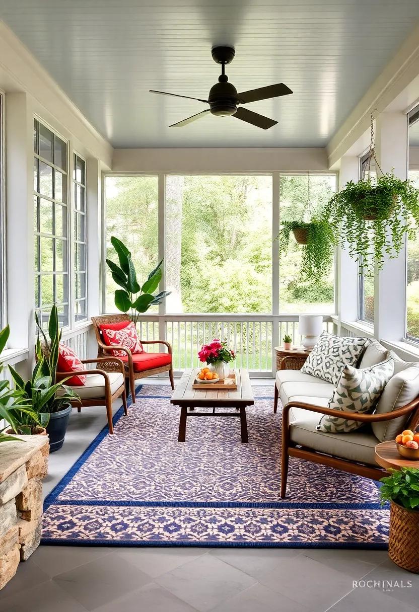 Patterned Area Rugs: Lay down patterned area rugs to define your porch space, adding warmth and visual interest underfoot