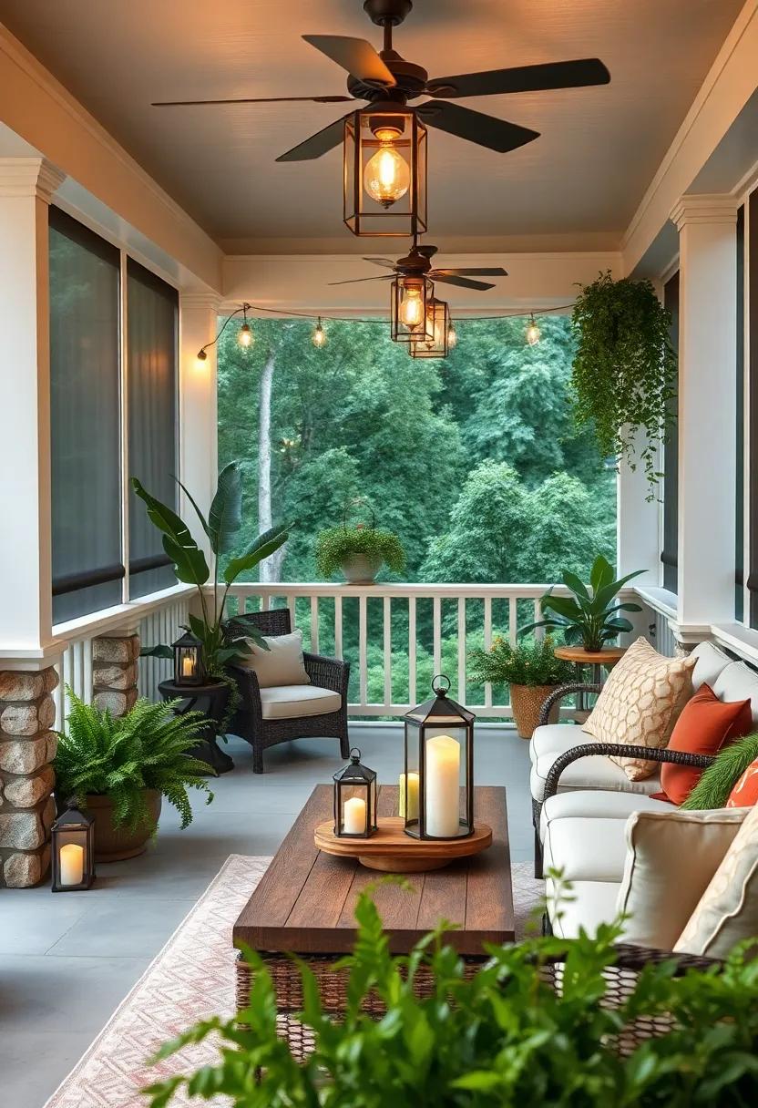 Vintage Lanterns: Illuminate your porch with vintage lanterns that evoke a serene, ambient glow during evening gatherings