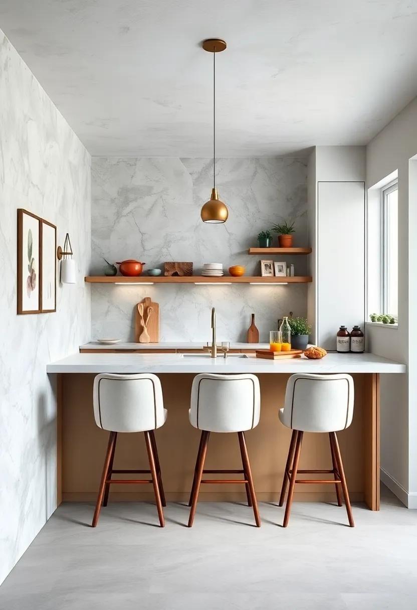 Add barstools with storage underneath to keep your small kitchen organized while providing a chic dining option