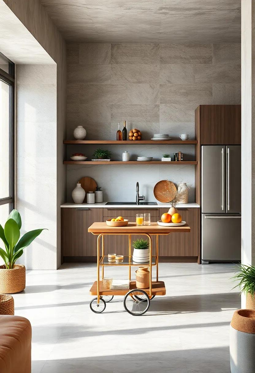 Consider bar carts that can be wheeled away when extra space is needed, adding versatility to your kitchen