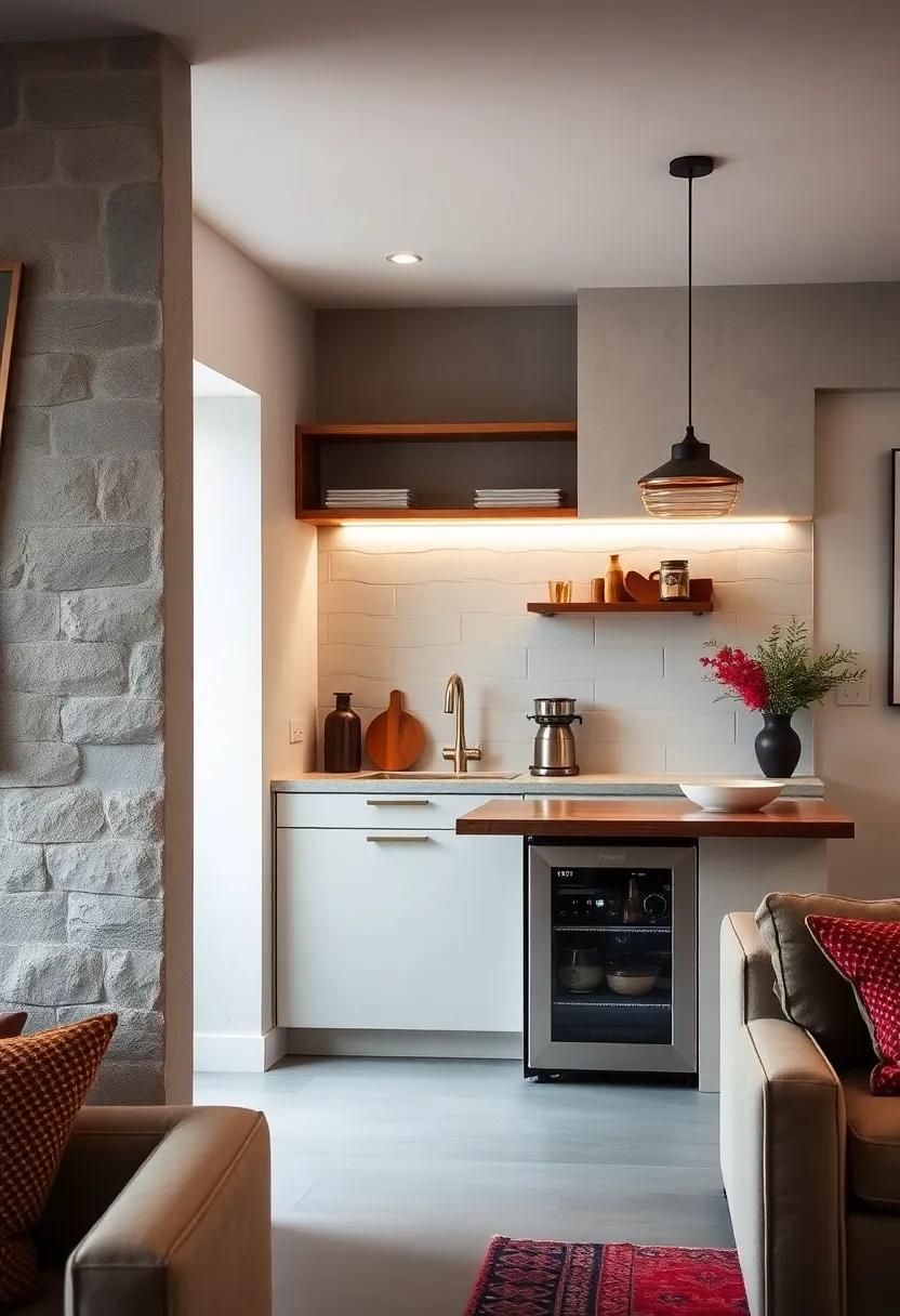 Embrace the trend of integrated appliances by incorporating a small fridge beneath your stylish breakfast bar
