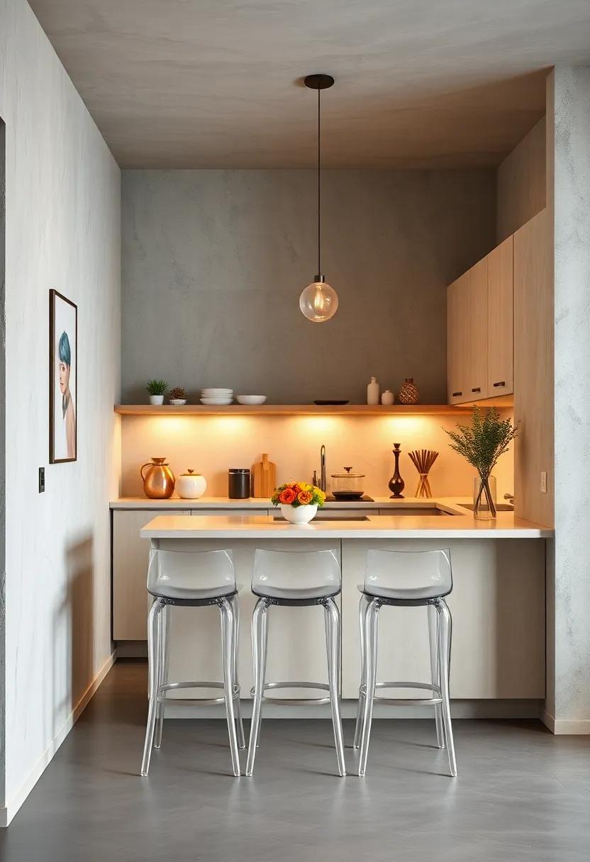 Opt for transparent acrylic stools to maintain an airy feel in your small kitchen