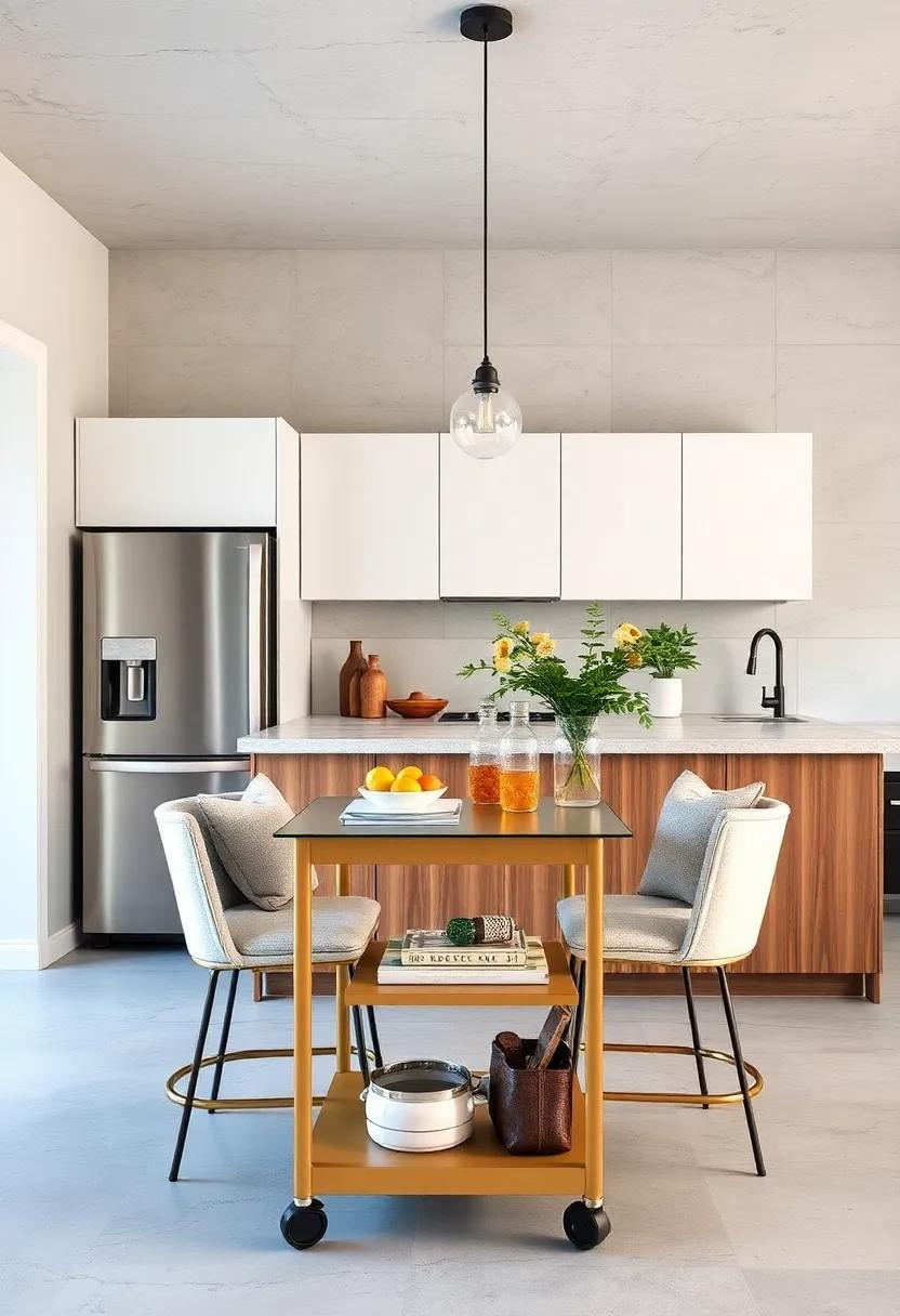 Bar Cart Seating: Use a stylish bar cart with wheels as a mobile dining solution, providing flexible seating options wherever you need them