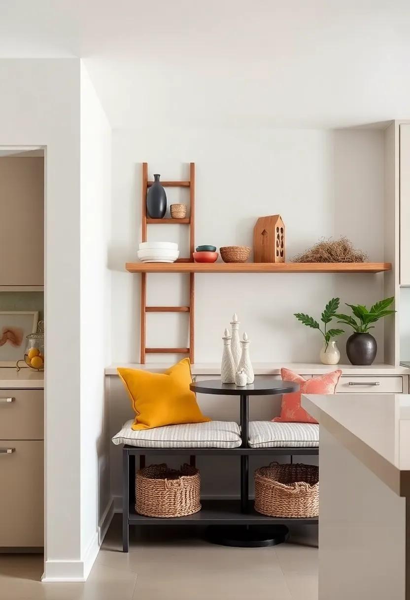 Ladder Shelf Seating: Employ a decorative ladder shelf as seating for kids alongside storage, seamlessly combining function with flair