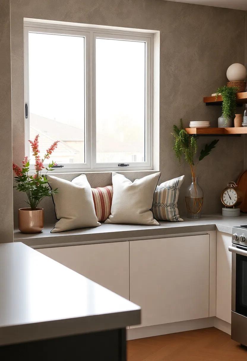 Ledge Seating: create a seating ledge under the kitchen window,adorned with soft pillows to enjoy a sunny morning coffee