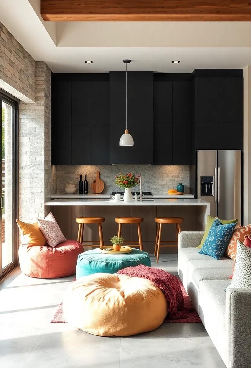 Oversized Poufs: incorporate oversized poufs for a relaxed,informal seating alternative that can easily be moved around as needed