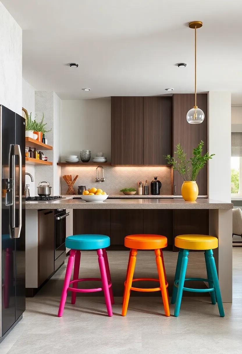 Stacking Stools: Opt for colorful, stackable stools that can be easily stored away when not in use, adding a playful touch to your kitchen