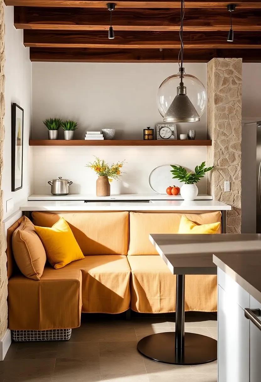 Textile-Encased Benches: Wrap a simple bench in striking fabrics to add a splash of color and comfort, enhancing the charm of your kitchen