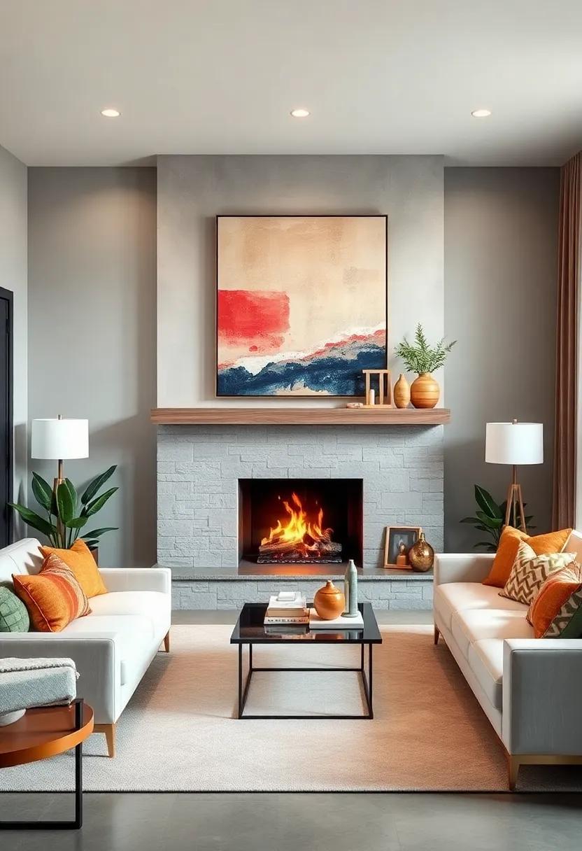 Large Scale Art Above: Hang oversized art above a floating mantel to create a dramatic focal point in a small living room