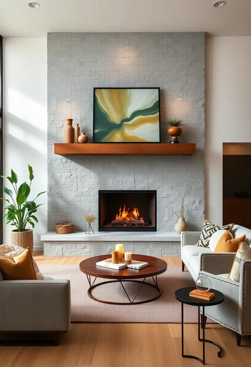 Mix Materials: Pair a rustic wood mantel with a modern metal fireplace surround to create an eclectic yet cohesive design