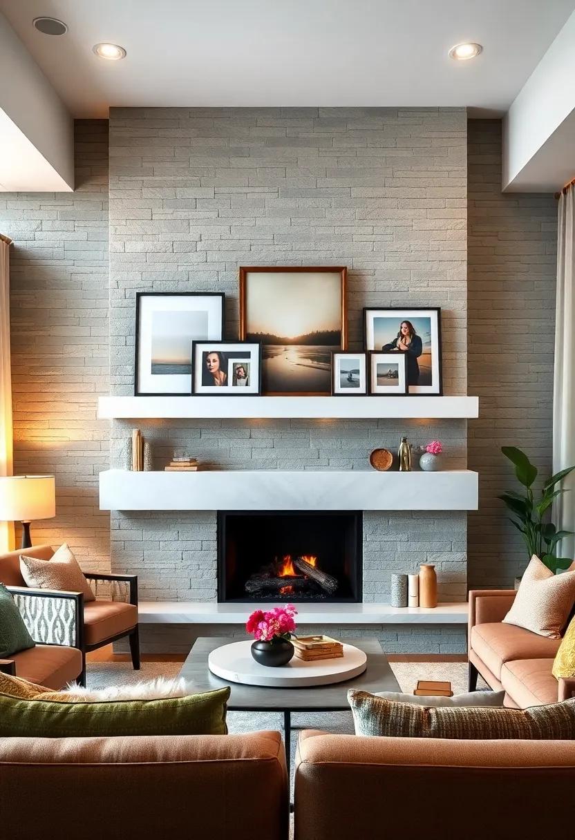 Create a Gallery Wall: Use your floating mantel as a base to showcase a gallery of framed art or photographs that tell your story