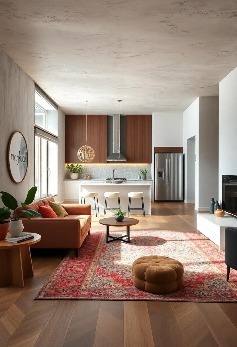 Define Spaces with Rugs: Use area rugs to delineate the kitchen and living zones, adding warmth while maintaining an open flow