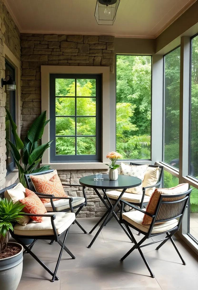 cozy corner Nook: Transform a small corner of your screened porch with a foldable bistro table and chairs, creating an intimate dining area perfect for morning coffee or evening drinks