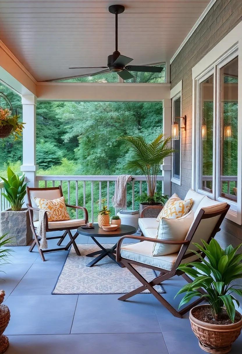 Minimalist Folding Chairs: Choose sleek, minimalist folding chairs that complement the porch’s decor while providing extra seating for friends and family on special occasions