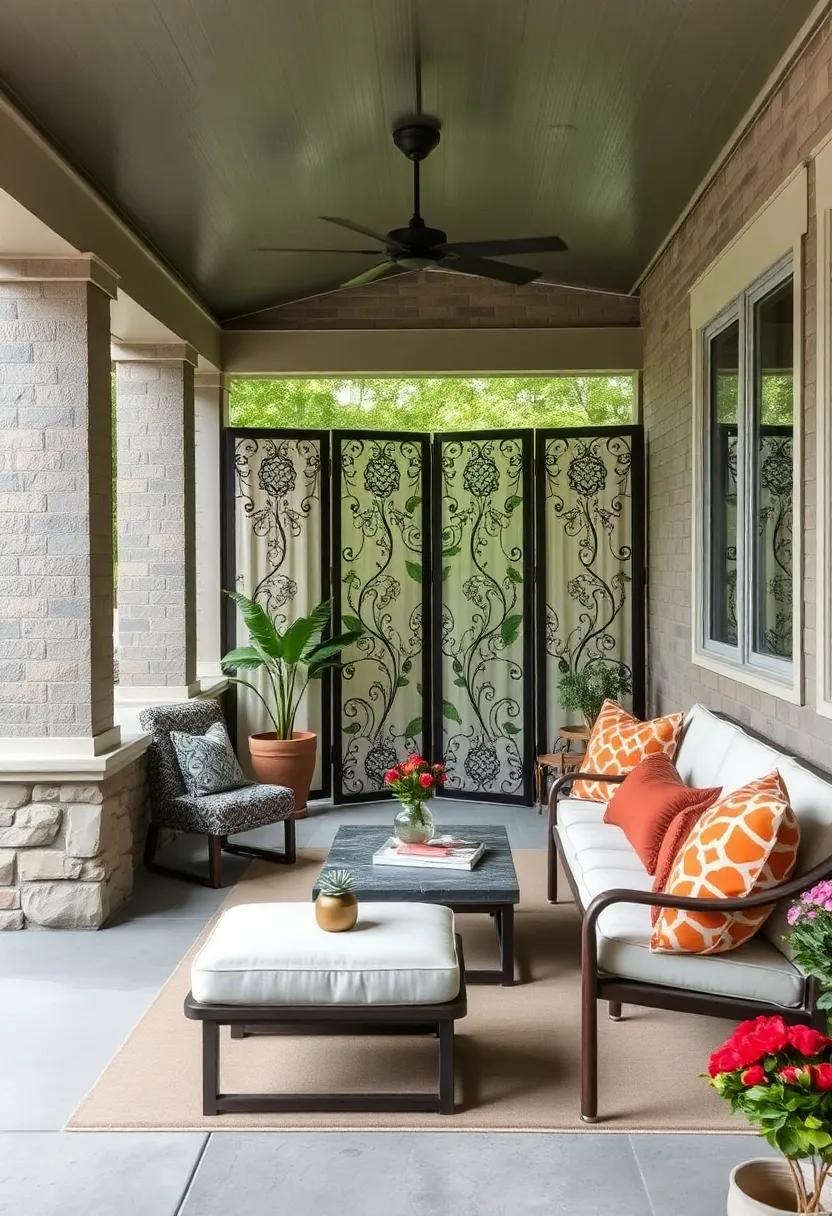 Artistic Folding Screen: Use a decorative folding screen to divide areas of your porch for more privacy or simply as a statement piece when guests visit