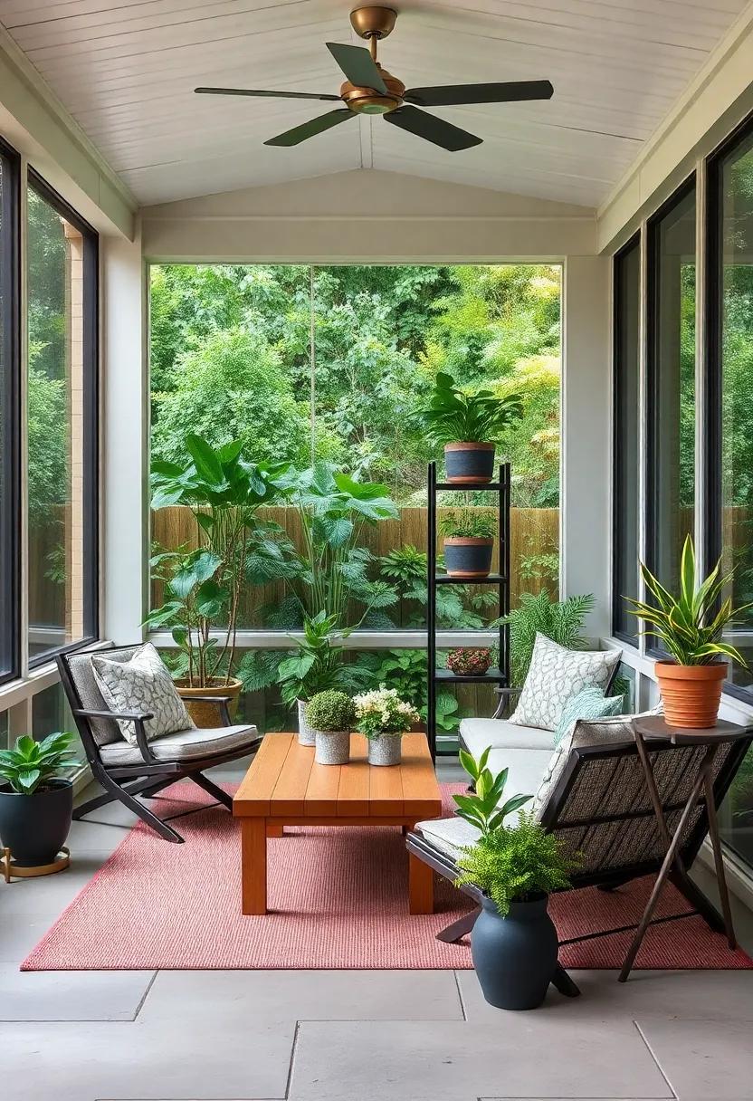 Vertical Garden Retreat: Enhance your screened porch with tiered foldable plant stands that not only save space but also allow you to showcase beautiful greenery without compromising on style