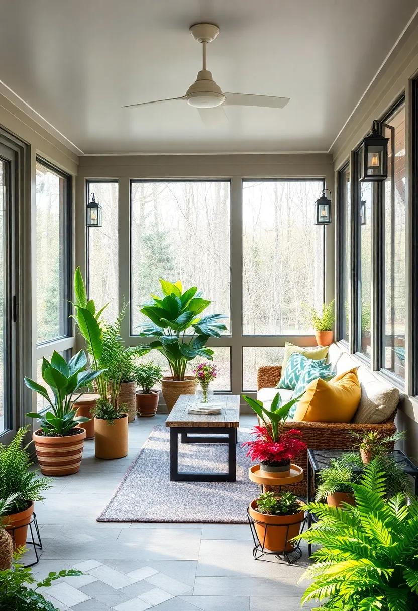 Choose Low-Maintenance Plants: opt for hardy plants like succulents or ferns that require minimal care while providing vibrant life to your porch