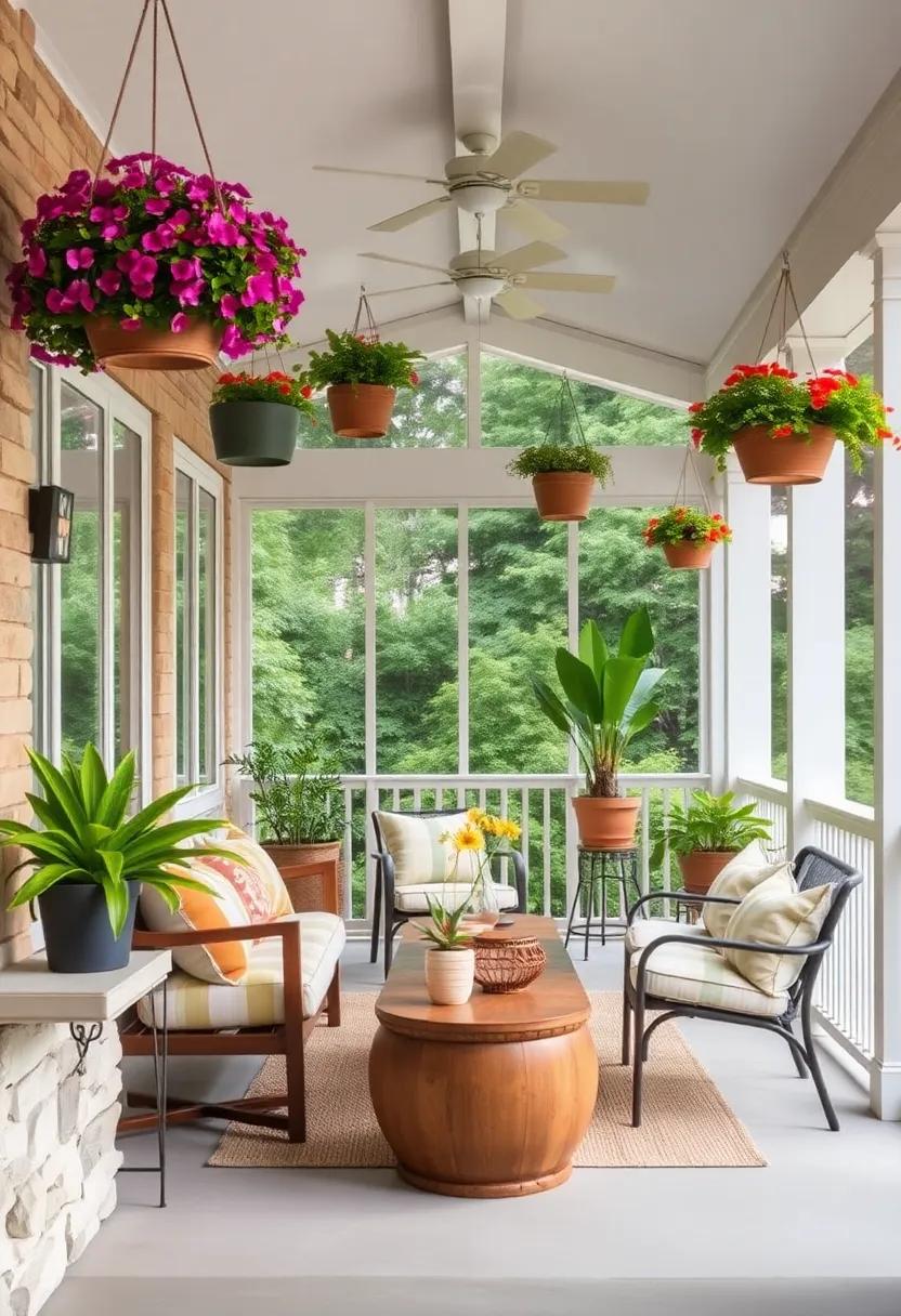 Incorporate Hanging Baskets: Suspend colorful hanging baskets from the ceiling or railings for an enchanting, layered effect