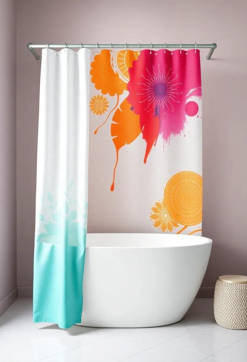 Artistic Shower Curtains: Incorporate an artistic shower curtain with bold patterns or vibrant colors to add personality while serving a practical purpose