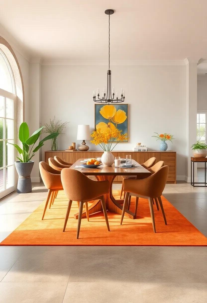 Brightened Flooring: Add a cheerful area rug in sunny hues to enliven your dining room's flooring and define the space