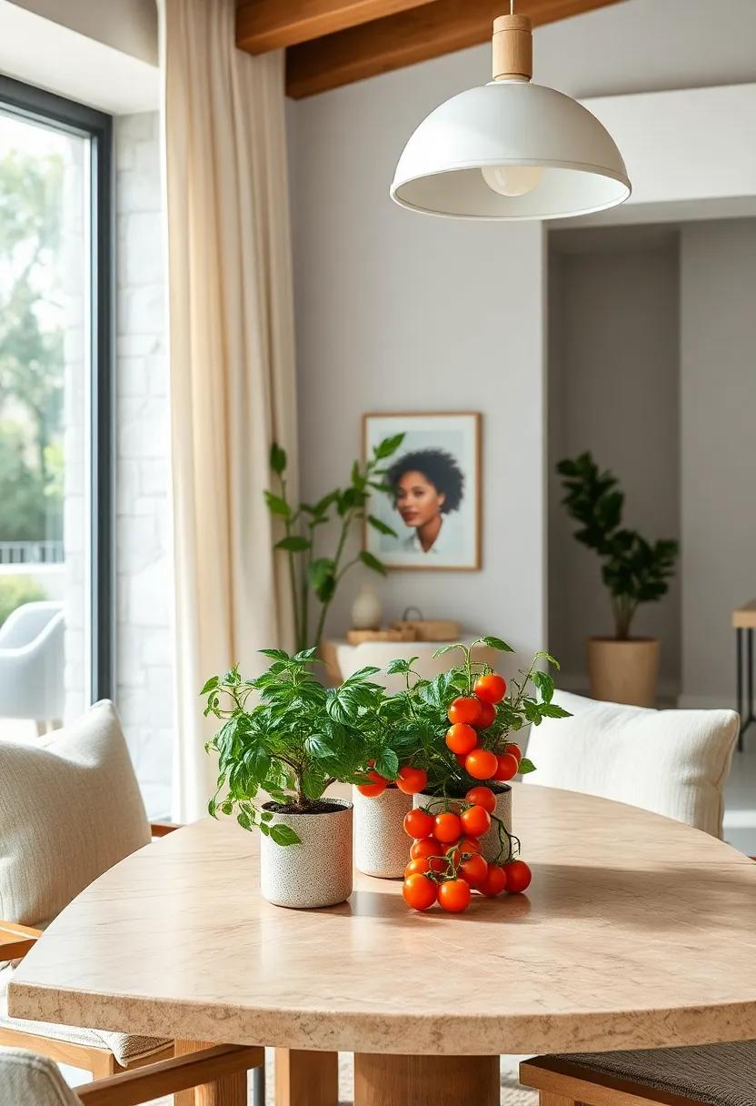 Indoor Vegetables: Grow small vegetable plants like tomatoes or chilies in decorative pots to bring kitchen-fresh dining to the table