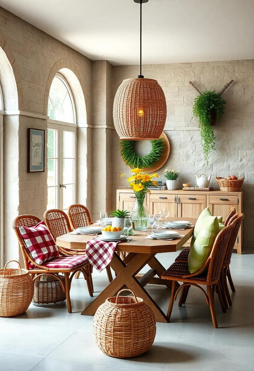 Picnic-Themed decor: Incorporate picnic elements like plaid patterns and wicker to evoke a charming outdoor dining experience